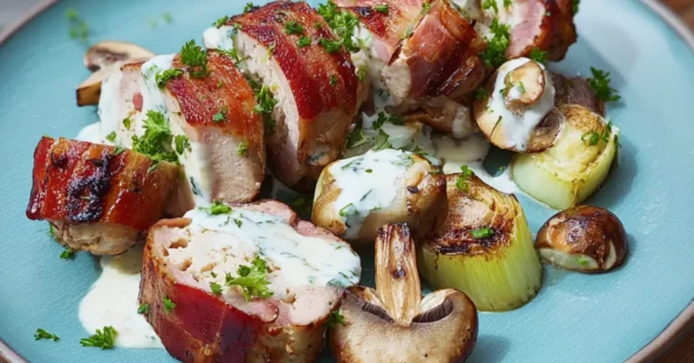 Varkenshaasrollade met spek, prei en champignons voor 4 pers