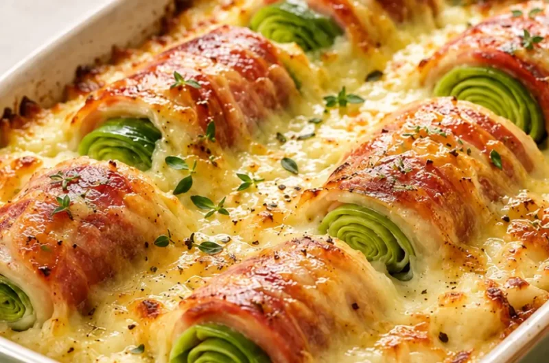 Gegratineerde preirolletjes met spek