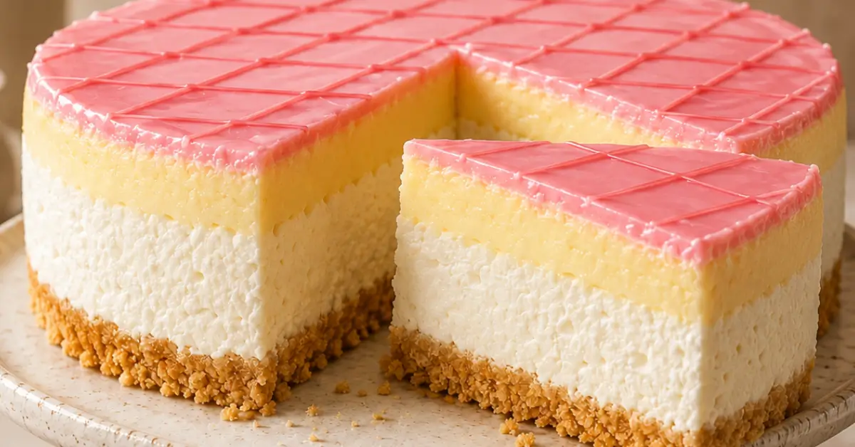 Tompouce-kwarktaart zonder bakken met roze glazuur