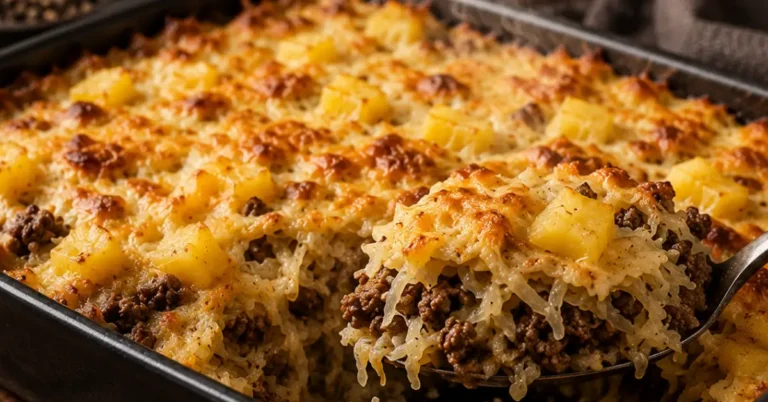 Zuurkoolovenschotel met gehakt spekjes en ananas met goudbruine kaas