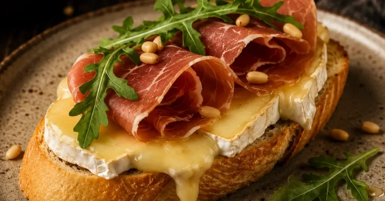 Heerlijk broodje brie uit de oven met serranoham, honing en rucola