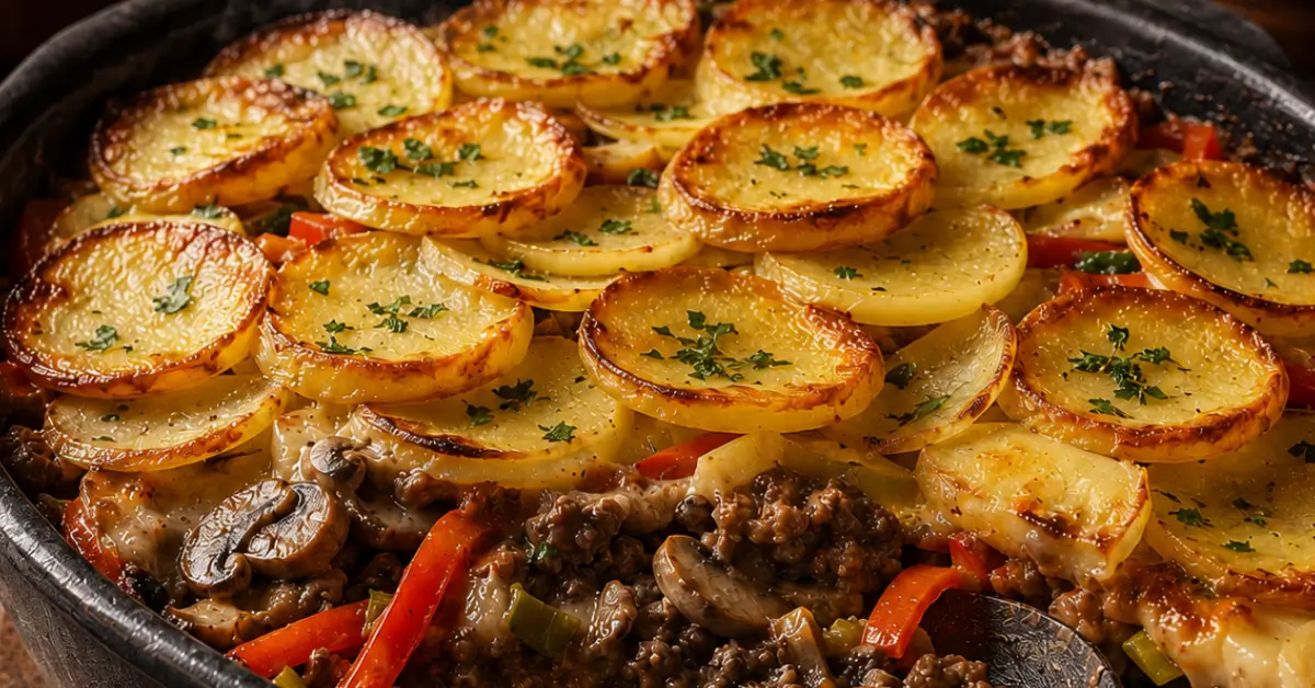Gehaktschotel met prei paprika champignons en ui in een ovenschaal
