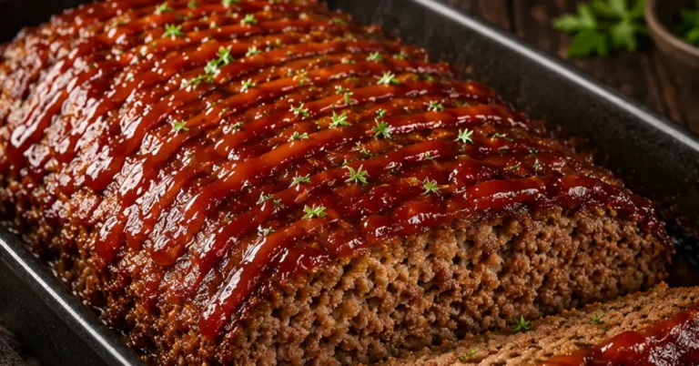 Gehaktbrood uit de oven met ketchup en verse peterselie