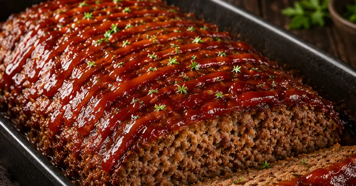 Gehaktbrood uit de oven met ketchup en verse peterselie