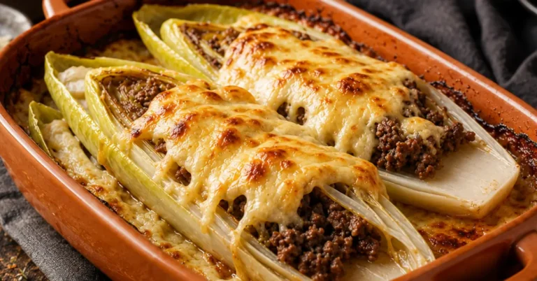 Italiaanse witlof-gehaktschotel met goudbruine kaas