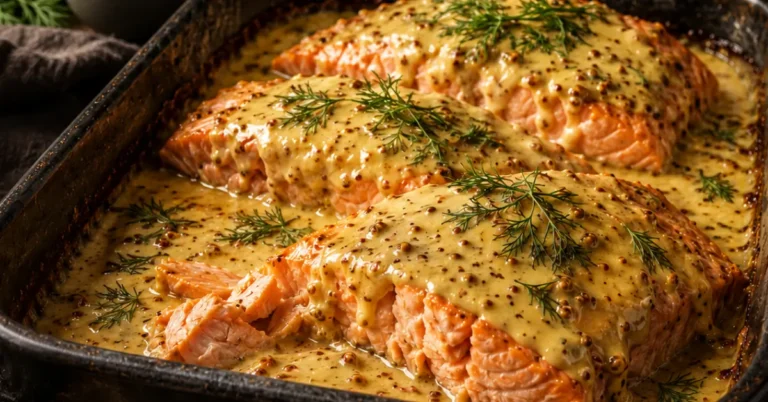 Sappige zalm in honingmosterd-roomsaus met dille uit de oven