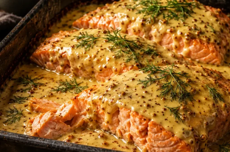 Sappige zalm in honingmosterd-roomsaus met dille uit de oven