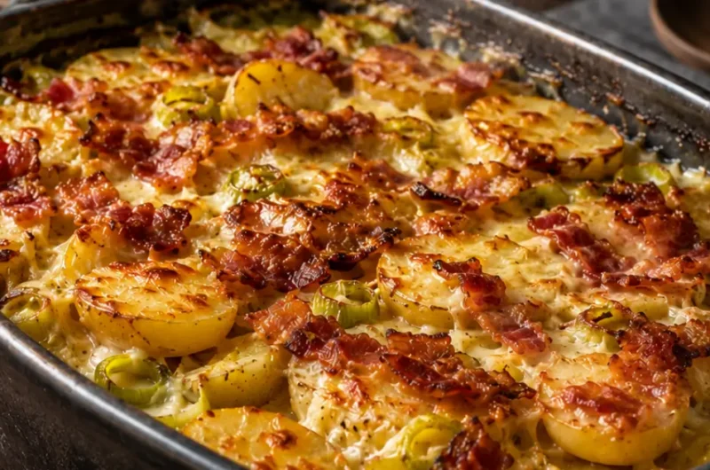 Krieltjes-ovenschotel met prei en spekjes