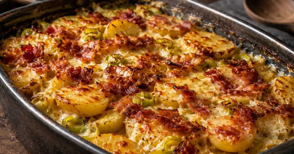 Krieltjes-ovenschotel met prei en spekjes goudbruin uit de oven
