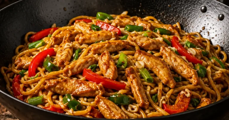 Knoflook kip lo mein met paprika en lente-ui