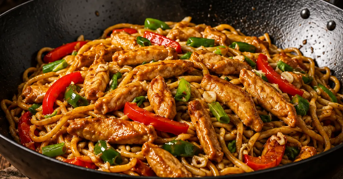 Knoflook kip lo mein met paprika en lente-ui