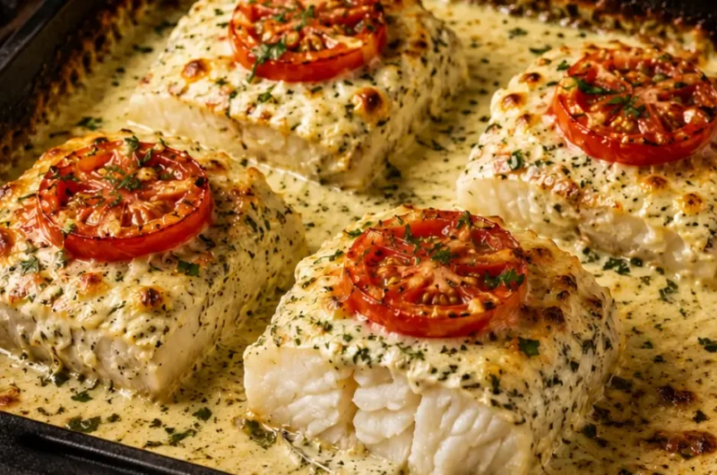 Kabeljauwhaasje met tomaat en boursin uit de oven