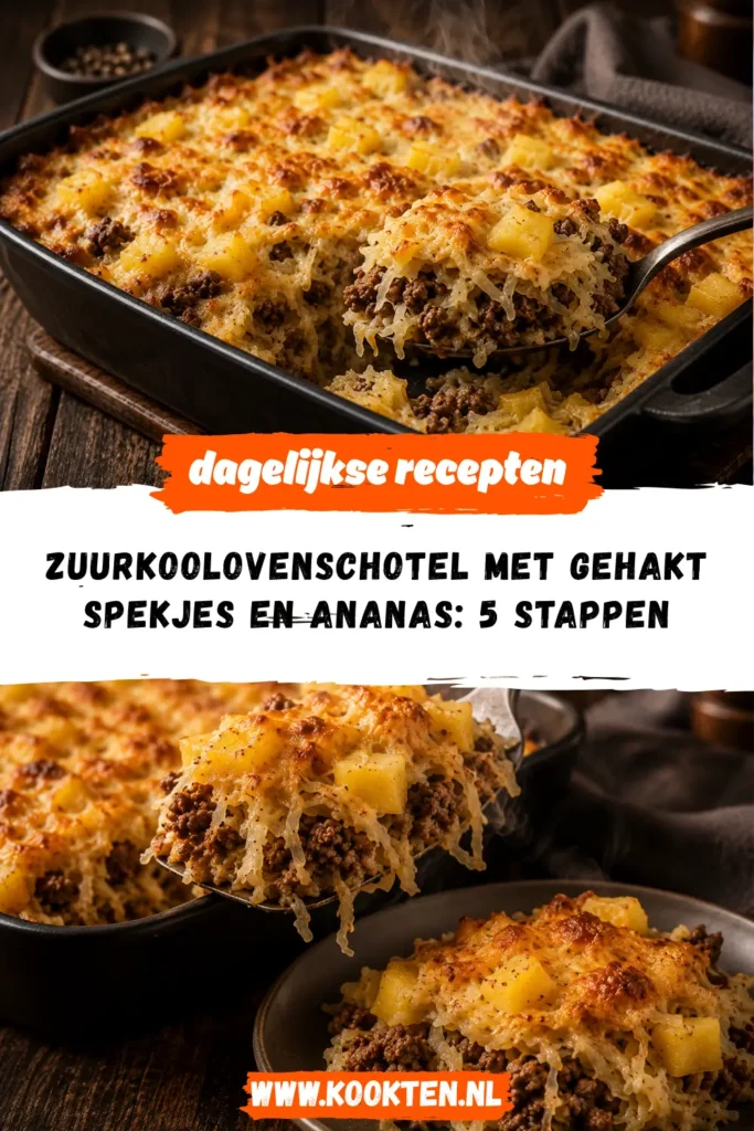 Zuurkoolovenschotel met gehakt spekjes en ananas met goudbruine kaas