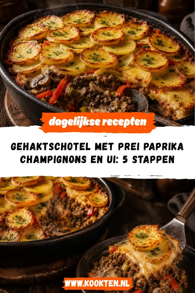 Gehaktschotel met prei paprika champignons en ui receptfoto van het gerecht