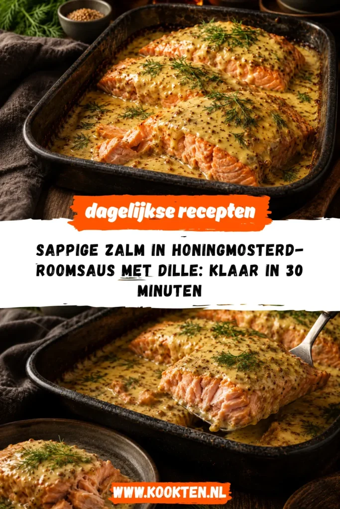 Sappige zalm in honingmosterd-roomsaus met dille uit de oven receptfoto van het gerecht