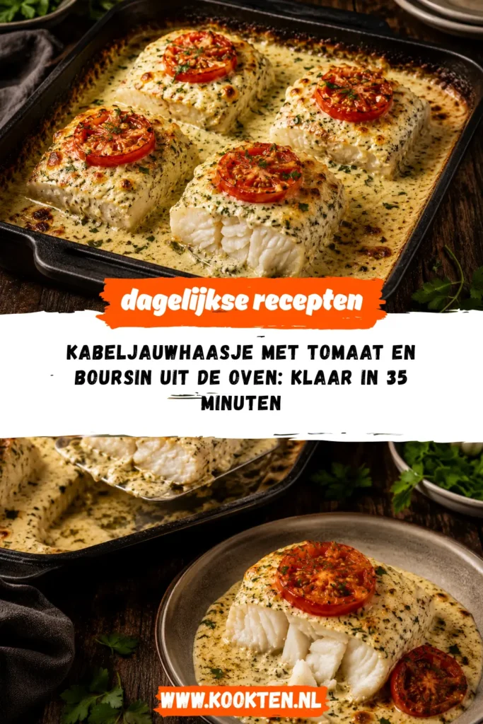 Kabeljauwhaasje met tomaat en boursin uit de oven receptfoto van het gerecht