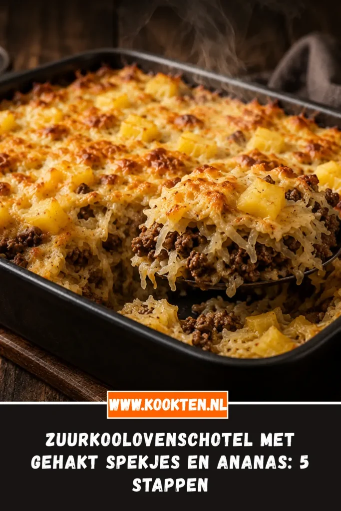 Zuurkoolovenschotel met gehakt spekjes en ananas met goudbruine kaas