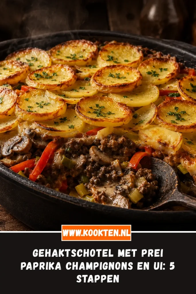 Gehaktschotel met prei paprika champignons en ui van dichtbij op het bord