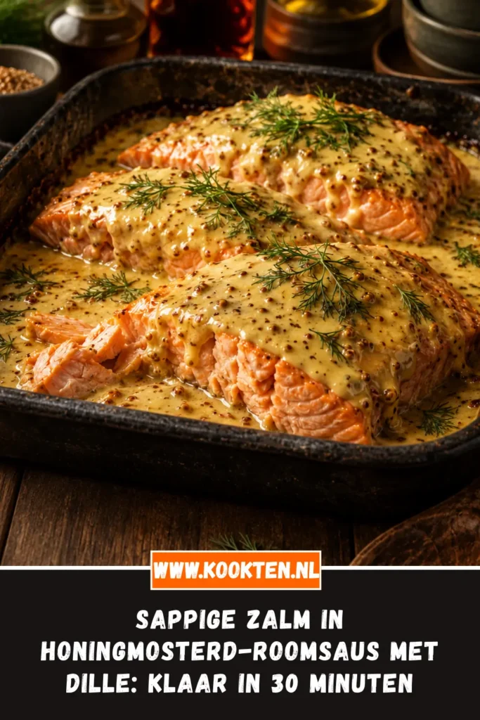 Sappige zalm in honingmosterd-roomsaus met dille uit de oven van dichtbij op het bord