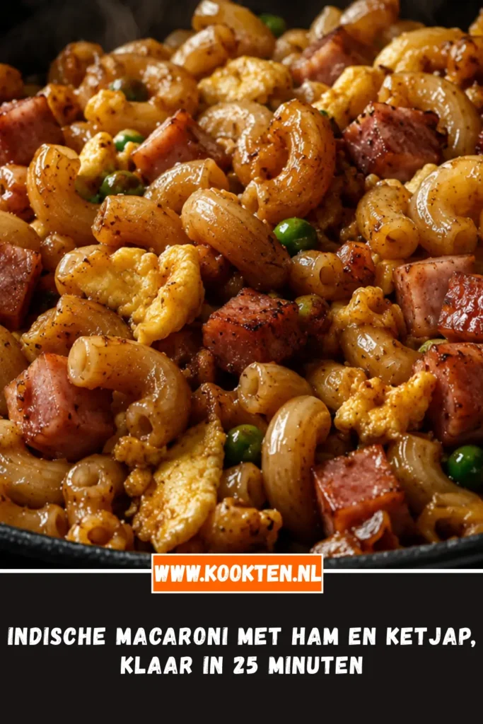 Indische macaroni met ham en ketjap van dichtbij op het bord