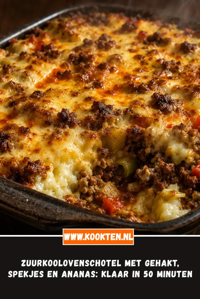 Zuurkoolovenschotel met gehakt, spekjes en ananas van dichtbij op het bord