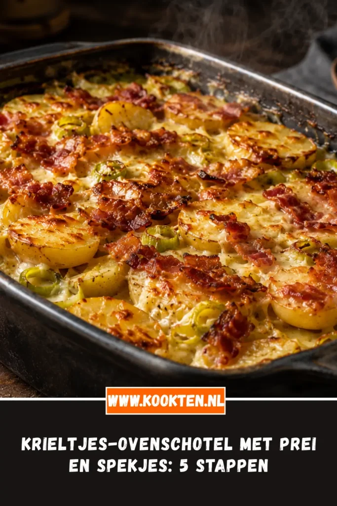 Krieltjes-ovenschotel met prei en spekjes van dichtbij op het bord