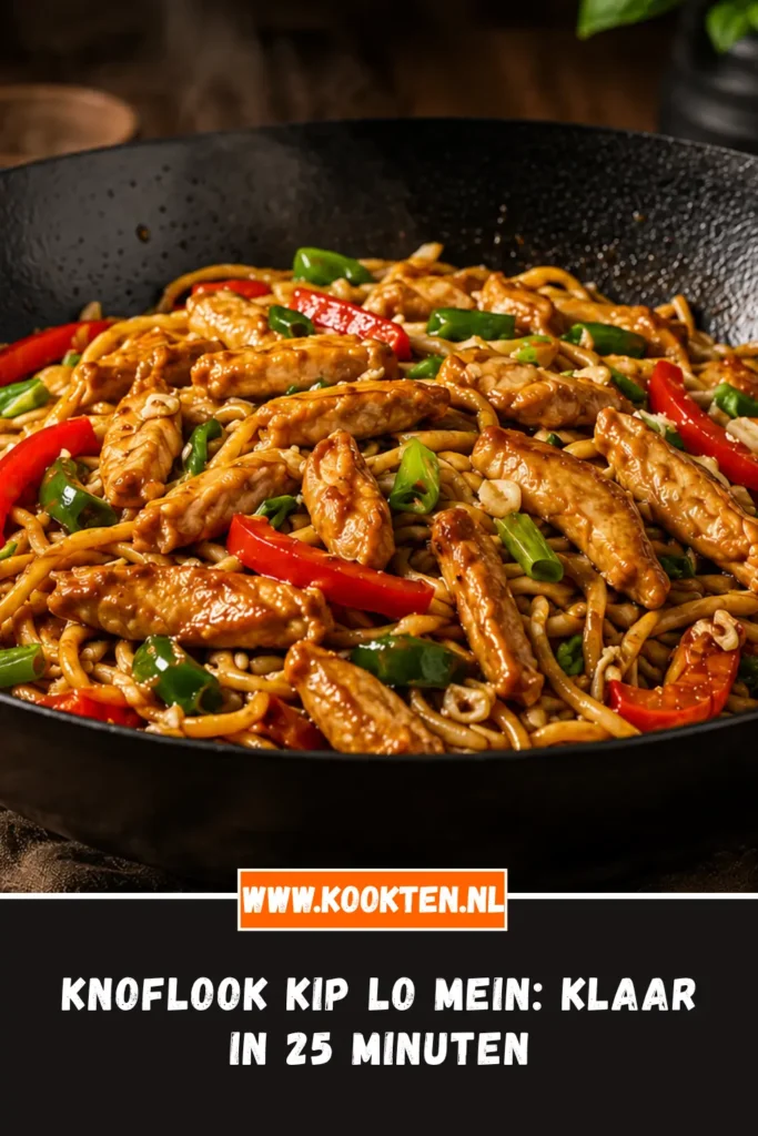 Knoflook kip lo mein van dichtbij op het bord