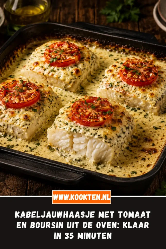Kabeljauwhaasje met tomaat en boursin uit de oven van dichtbij op het bord