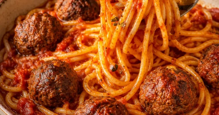 Authentieke Italiaanse spaghetti met gehaktballen in tomatensaus op een bord