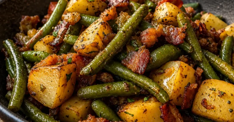 Groene bonen en aardappelen met country ranch-bacon in een pan