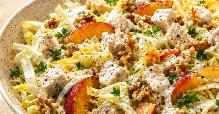 Romige witlofsalade met kip en perzik met walnoten en peterselie