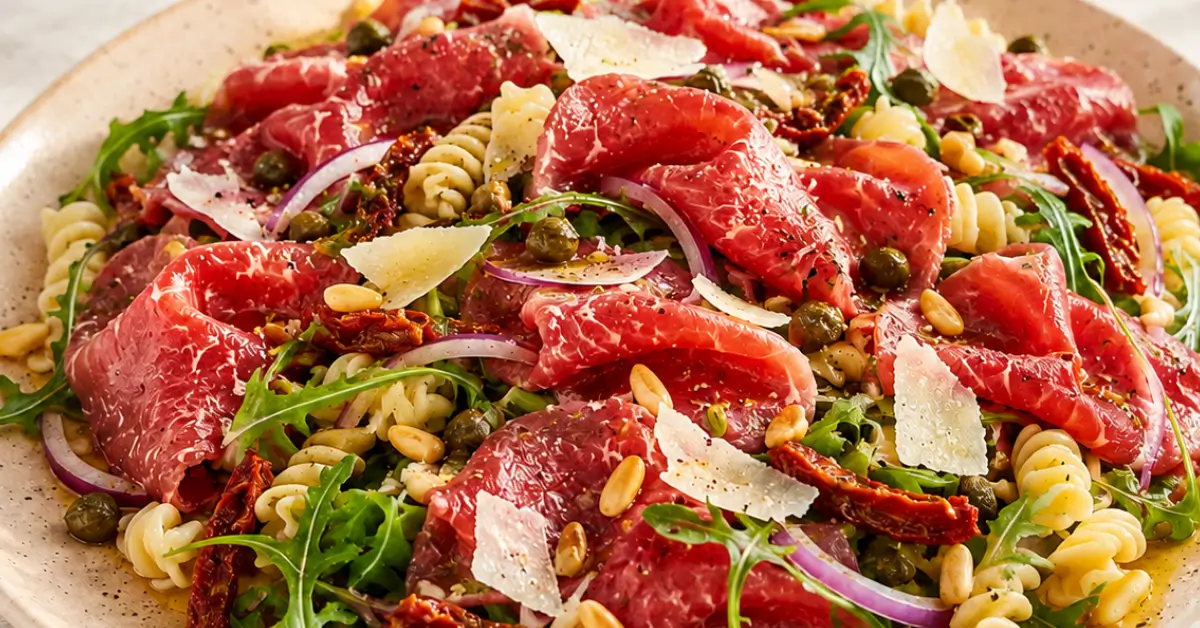Carpacciosalade met pasta, rucola en pijnboompitten