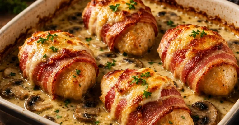 Kipfilets omwikkeld met spek in romige champignonsaus uit de oven
