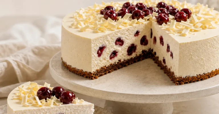 Witte chocolade-kersen bavarois taart met kersen en witte chocoladeschaafsel