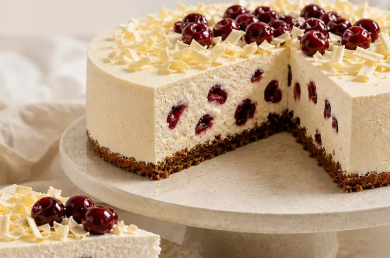 Witte chocolade-kersen bavarois taart