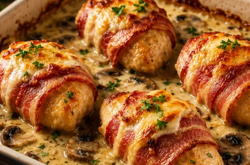 Kipfilets omwikkeld met spek in romige champignonsaus