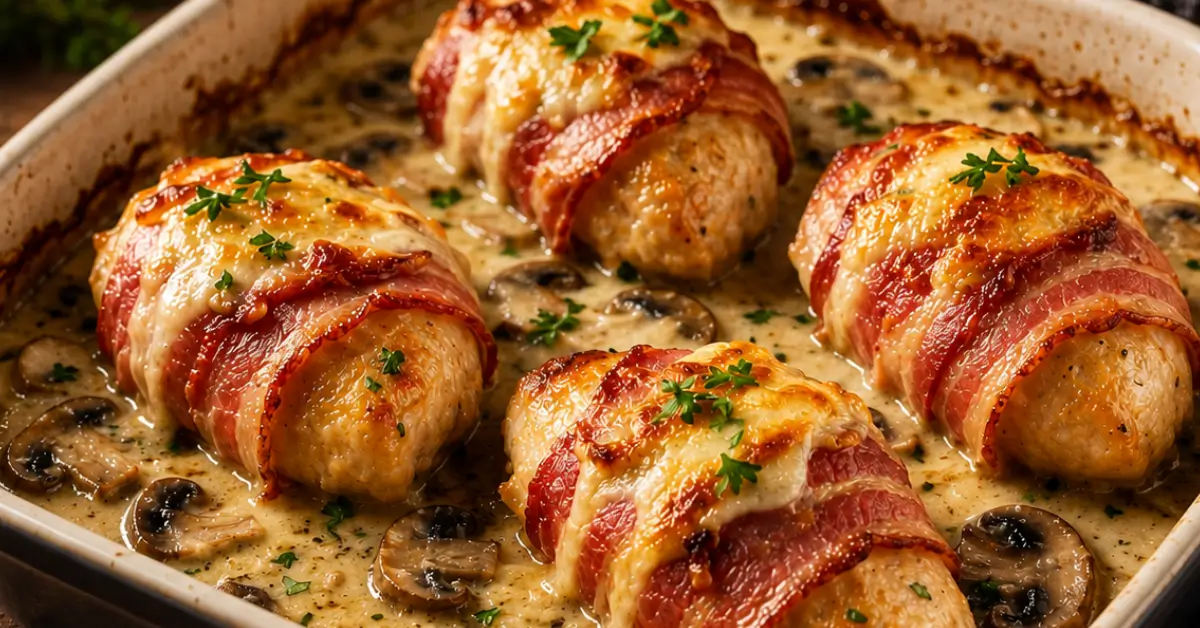 Kipfilets omwikkeld met spek in romige champignonsaus uit de oven