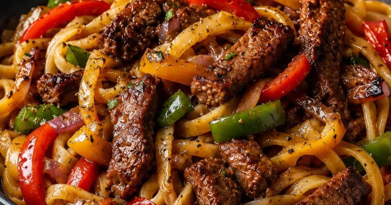 Sissende pasta met biefstuk en peper op een bord