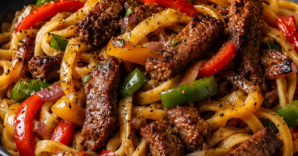 Sissende pasta met biefstuk en peper op een bord