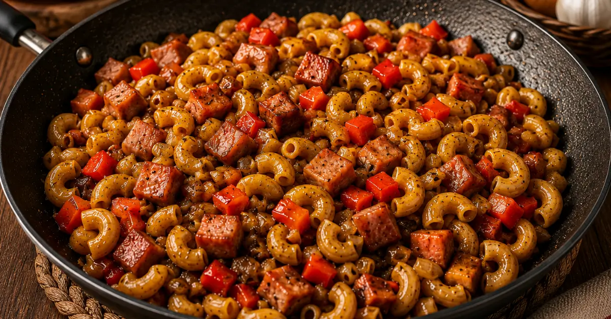 Indische Macaroni met Ham en Ketjap in een kom