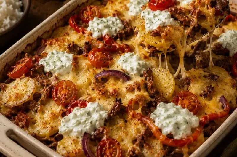 Griekse gyros ovenschotel met aardappel en tzatzikisaus