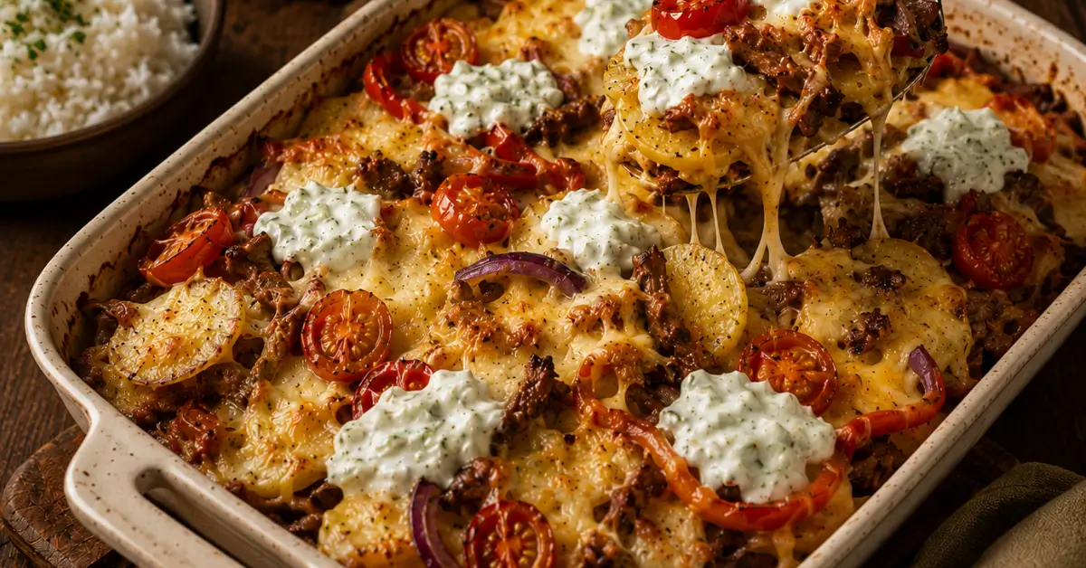 Griekse gyros ovenschotel met aardappel en tzatzikisaus