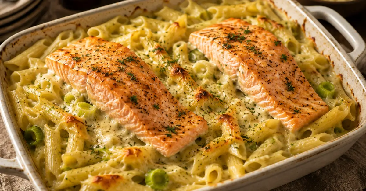 Ovenschotel met Penne, Zalm en Prei met goudbruine kaas