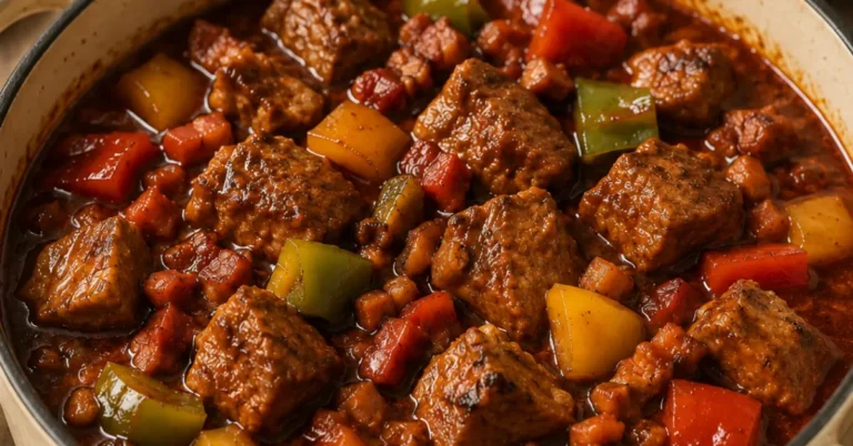 Oma's heerlijke shashlikpot met varkensnek en paprika in een braadpan