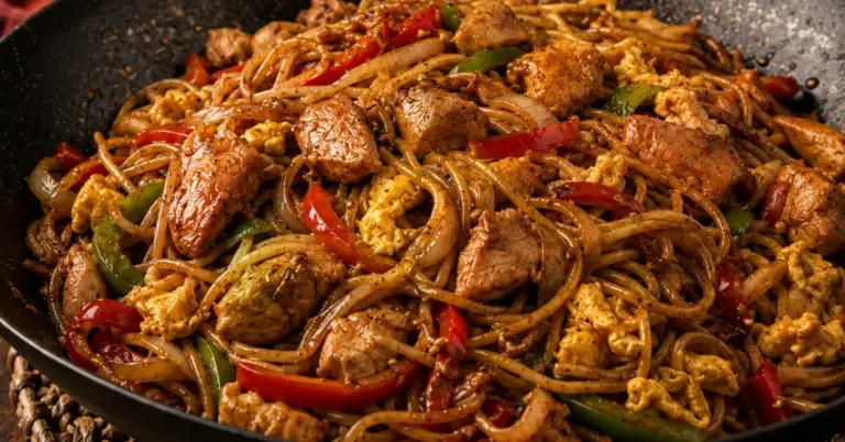 Spaghetti met Indonesische kip, paprika, ei en ketjap in een wok