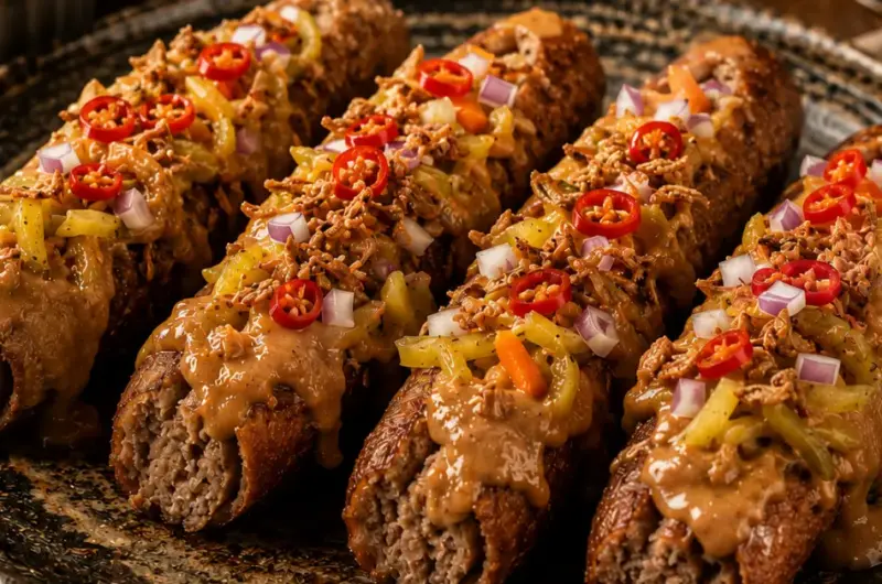 Indische frikandel met pindasaus en atjar