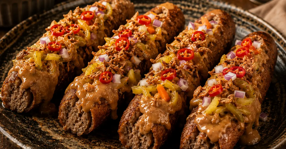 Indische frikandel met pindasaus en atjar, rode ui en gebakken uitjes