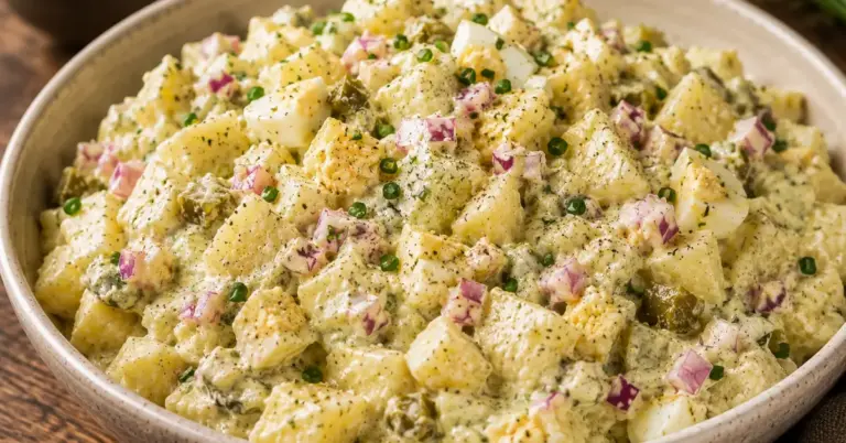 Aardappelsalade met ei, augurk en verse bieslook