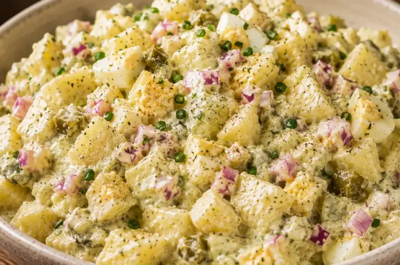 Romige aardappelsalade met ei en augurk