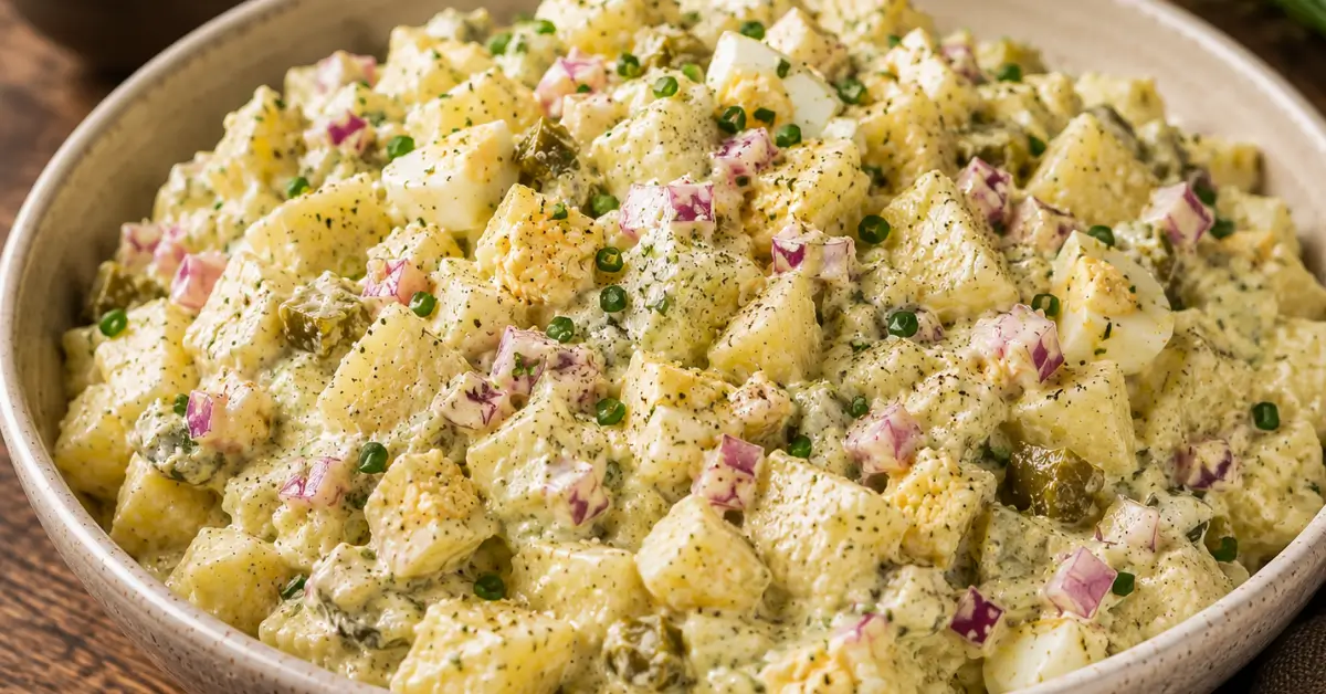 Aardappelsalade met ei, augurk en verse bieslook